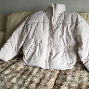 Cropped Light Pink Puffer Jacket with Stand Collar